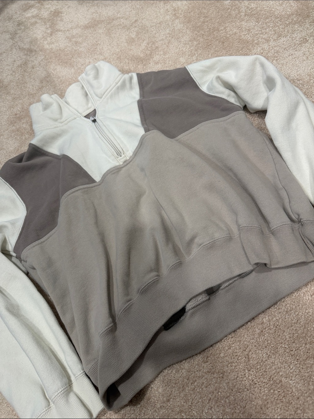 Hollister Cream and Taupe Colorblock Quarter-Zip Fleece